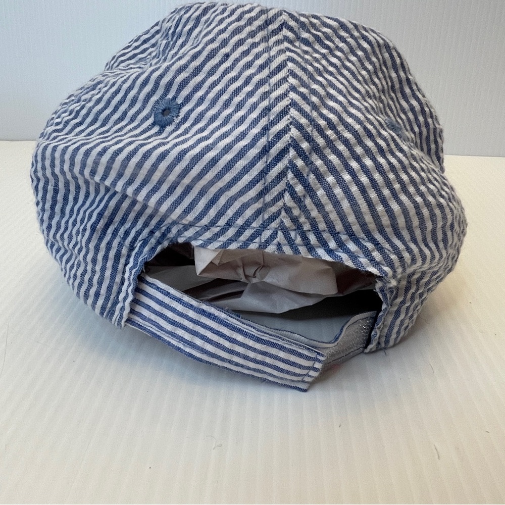 Saltwater Seersucker, blue/white pinstripe baseball cap Whale Myrtle Beach EUC - Picture 3 of 5